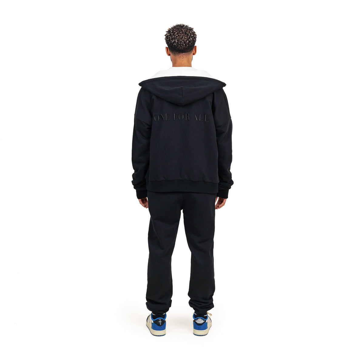 Black zip-up hoodie and sweatpants set #color_black x white