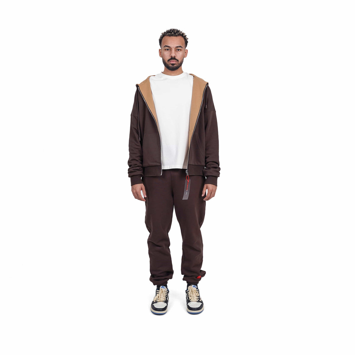 Brown zip-up hoodie and sweatpants set #color_dune