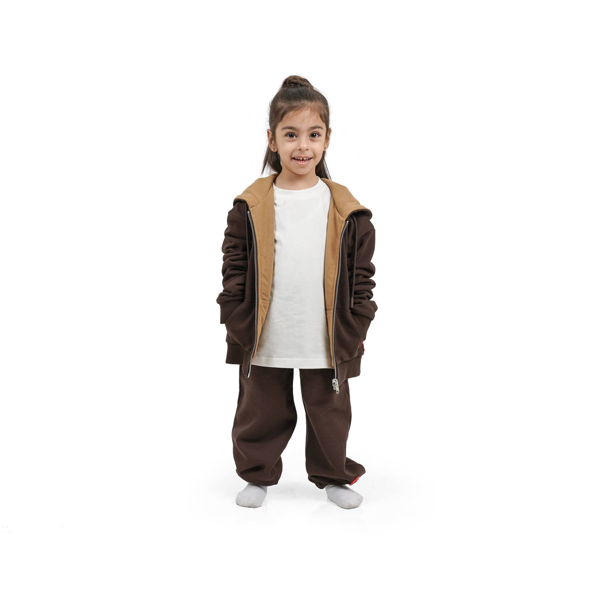 Kids brown zip-up hoodie and sweatpants set #color_dune